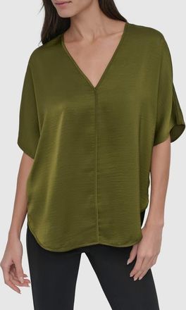 DKNY Short Sleeve Woven Top in Dark Olive at Nordstrom, Size X-Small