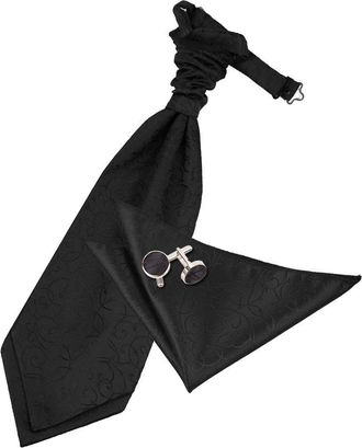 DQT Premium Woven Microfibre Swirl Patterned Black Mens Formal Casual Wedding Scrunchie Pre-Tied Cravat with Matching Handkerchief Pocket Square and Cuffl