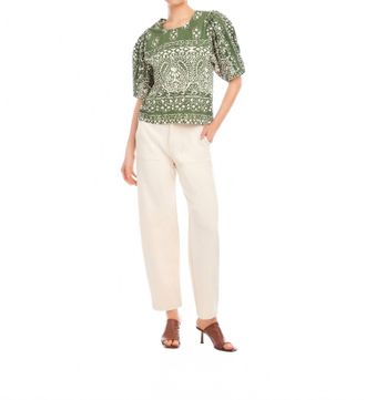 Fifteen Twenty Rosie Puff Sleeve Top In Green/off White Print