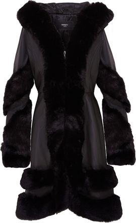 Infinity Leather Womens Flared Black Leather Hooded Cape Coat With Fur - Mandal