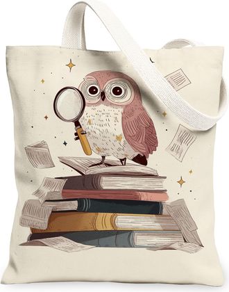 Generic Owl Canvas Tote Bags, Cute Animal Design Reusable Grocery Bags, Fall Vintage Lightweight Washable Shoulder Strap Canvas for, Beige, 13x15 Inch
