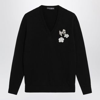 Dolce & Gabbana V-neck sweater with embroidered floral details in wool, black