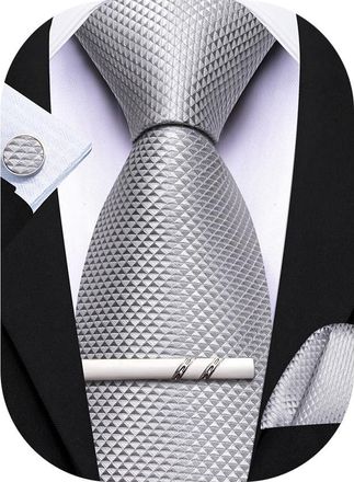 Barry.Wang Silver Tie Mens Grey Ties Silk Necktie Pocket Square Cufflinks Set Formal Wedding