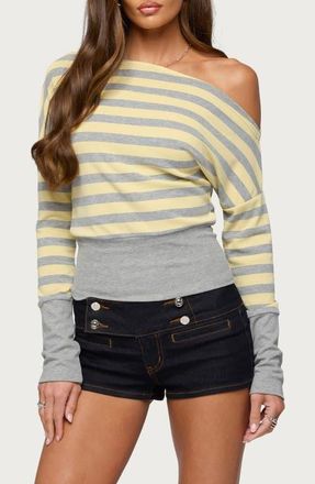 Edikted Marniee Stripe One-Shoulder Top in Gray-Melange-And-Yellow at Nordstrom, Size X-Large