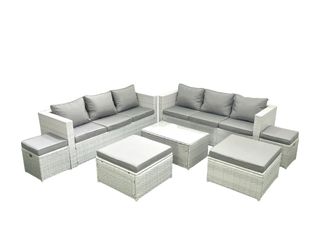 Fimous 7 Pieces Rattan Garden Furniture Set Outdoor Garden Sofa Coffee Table Set with 4 Footstools Light Grey Mixed
