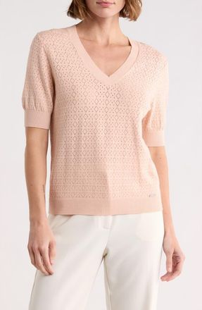 T Tahari V-Neck Mitered Pointelle Sweater in Blush Beige at Nordstrom Rack, Size X-Small