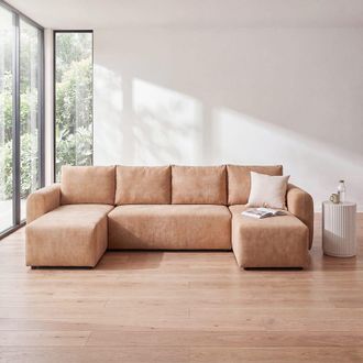 Maisons du monde Sof&aacute; cama panor&aacute;mico en U de 6/7 plazas de tela tramada toffee - 319 cm