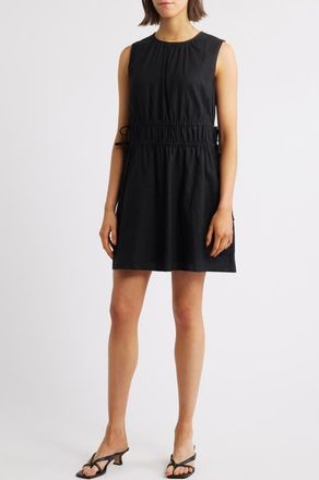 Charles Henry Drawstring Waist Linen Blend Minidress in Black at Nordstrom, Size X-Small