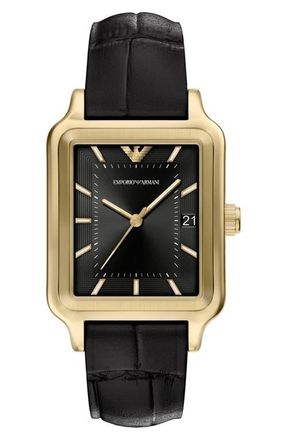 Emporio Armani Tank Leather Strap Watch, 32mm x 48mm in Black at Nordstrom