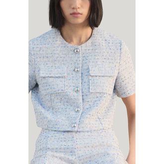 Mango Short Sleeve Tweed Crop Top in Sky Blue at Nordstrom, Size Small