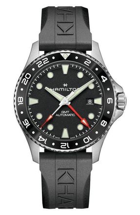 Hamilton Khaki Navy Scuba GMT Automatic Rubber Strap Watch, 43mm in Black at Nordstrom