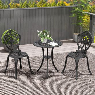 OUTSUNNY 3 Piece Cast Aluminium Bistro Set with Parasol Hole for Balcony, Patio in Black