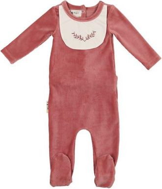 Maniere Embroidered Bib Cotton Blend Footie in Rose at Nordstrom, Size 12 M