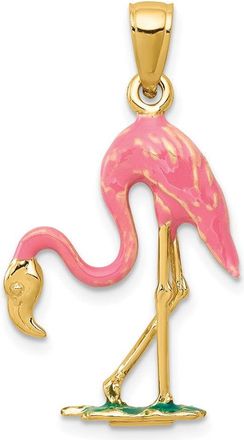 Diamond2Deal 10k Yellow Gold Enameled 3-D Pink Flamingo Pendant