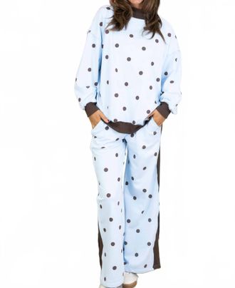 Peach Love California Polka Dot Mock Neckline Sweatshirt In Blue/brown
