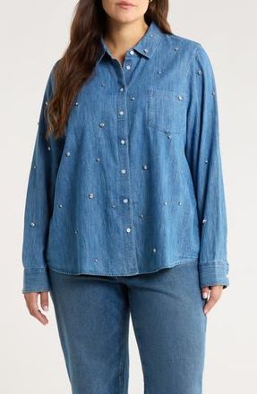 Caslon Crystal Embellished Chambray Button Front Shirt in Medium Wash at Nordstrom Rack, Size 1X