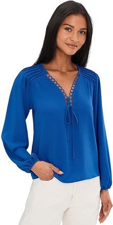 CeCe by Cynthia Steffe Long Sleeve Circular Trim Pintuck Top Womens Clothing Cobalt Petal : XL, Polyester