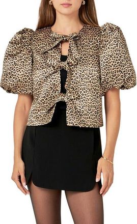 English Factory Leopard Print Tie Front Puff Sleeve Top in Brown at Nordstrom, Size Small