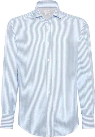 Brunello Cucinelli MenS White And Light Blue Striped Shirt, Size 3XL