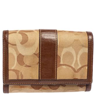 Coach Beige/brown Signature Canvas And Leather Compact Wallet