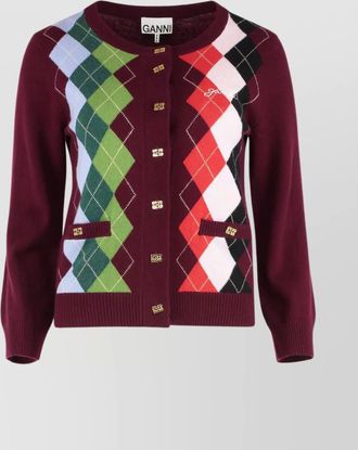 Ganni cashmere wool checked crewneck cardigan