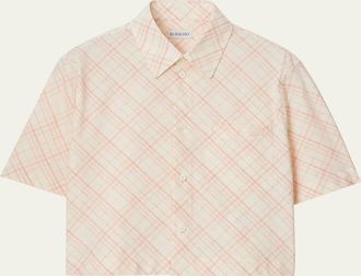 Burberry Check Short-Sleeve Crop Button-Down Shirt