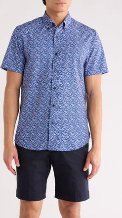 ConStruct Slim Fit Floral Leaf Print Short Sleeve Button-Down Shirt in Navy/Purple at Nordstrom Rack, Size Xx-Large