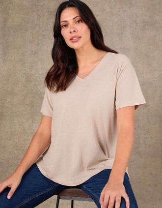 Live Unlimited London Womens Oatmeal Cotton Slub V Neck T-Shirt - Cream - Size: 12