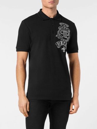 Philipp Plein Short-Sleeved Cotton Polo Shirt with Rhinestone Hexagon Logo