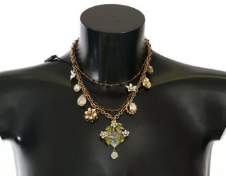 Dolce & Gabbana Womens Gold Brass Crystal Floral Statement Charms Necklace - One Size