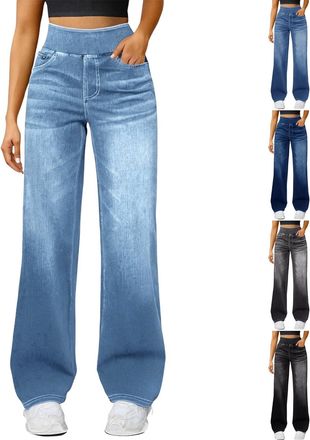 Generic Elasticated Waist Jeans for Women Wide Leg Jeans for Women Elasticated High Waisted Casual Baggy Trousers Going Out Fashion Pull On Pants Work Stretch