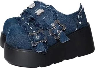 Generic Punk Punk Metal Chain Chunky Platform Ankle Boots Women Winter Y2K Thick Bottom Denim Woman Black Gothic Lolita Shoes(Blue,6.5US)