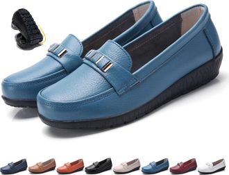 Generic Classic Womens Leather Loafers Lightweight Orthopedic Comfort Slip-On, Non-Slip Wedge Sole Work Walking Moccasins Shoes (3.5,Light Blue)