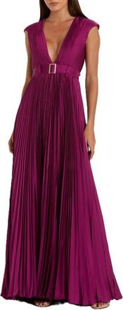 Mac Duggal Pleated Plunge Neck Belted Satin Gown in Raspberry at Nordstrom, Size 12