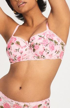 Savage x Fenty Sinful Rose Lace Balconette Bra in Sweet Pink Rosy Passions Print at Nordstrom, Size 38Ddd