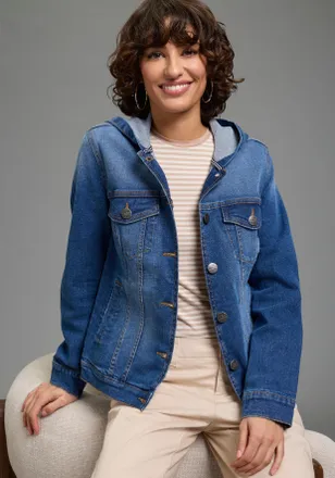 Arizona Jeansjacke ARIZONA, Damen, Gr. 34, blau used, Denim/Jeans, Obermaterial: 98% Baumwolle, 2% Elasthan, unifarben, regular fit h&uuml;ftlang, 1-Knopf-Manschet