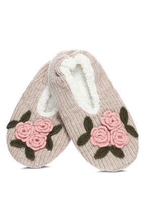 MeMoi Coming Up Roses Faux Shearling Lined Slipper Socks in Taupe at Nordstrom, Size Medium