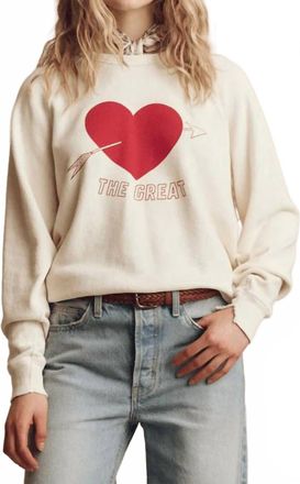 The Great. College Sweatershirt With Heart Graphic In Washed White With Red