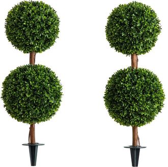 Nearly Natural Set of Two 3ft Indoor/Outdoor UV-Resistant Artificial Double Ball Boxwood Topiaries with Integrated Ground Stakes