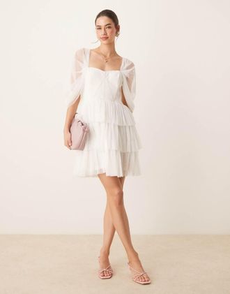 Lace & Beads off the shoulder corset tulle mini dress in ivory-White
