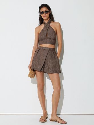 Reiss Taupe Brown Linen Wrap-front Shorts, 14