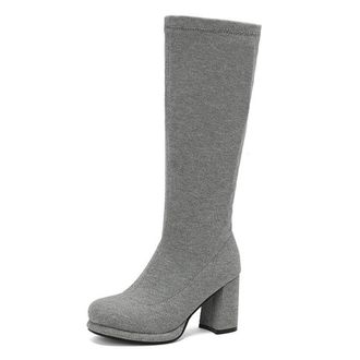 Generic Womens Knitted Block Heel Round Toe Knee High Boots Slip On Comfort Versatile Winter Shoes (7.5,Grey)