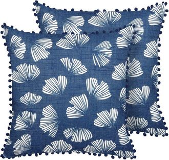 Beliani Conjunto De 2 Cojines De Poli&eacute;ster Azul Blanco 45 X 45 Cm Ginkgo Pompones Dandelion