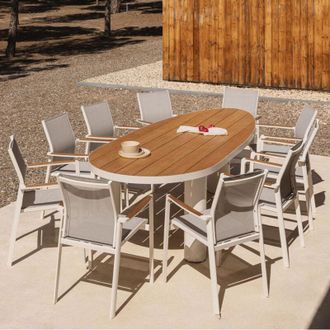 Sklum Set De Mesa Ovalada 260x110 Cm En Aluminio Y Madera De Teca Taneli Y 10 Sillas De Jard&iacute;n Apilables En Aluminio Elvira Sklum