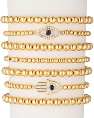 Eyecandy LA Eye Candy La 18K Plated Cz Crystal Hamsa & Evil Eye Stretch Bracelet Set