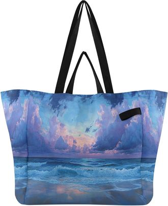 Generic Ocean Wave Blue pattern Reusable Canvas Tote Bag, Heavy Duty Grocery Shopping Bag with Large Capacity Hard Bottom Double Handles Work Groceries Travel