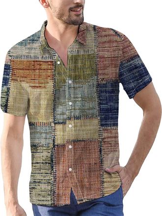 Generic Men Beach Shirts - Color Block Short-Sleeve Print Shirt Summer Tropical Shirts Hawaiian Shirts Casual Holiday Dress Shirts Work Shirts Button Up Shirt