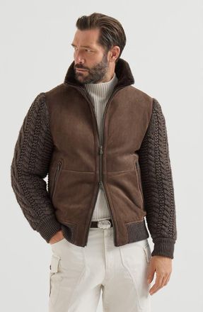 Brunello Cucinelli Suede shearling and cashmere knit bomber jacket with Thermore padding in Brown at Nordstrom, Size X-Large