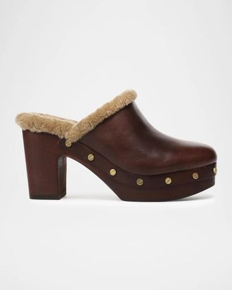 Veronica Beard 95mm Larken Shearling-Lined Leather Clogs