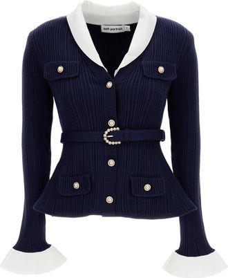 Self Portrait Blue Navy/White Ribbed Belted Cardigan